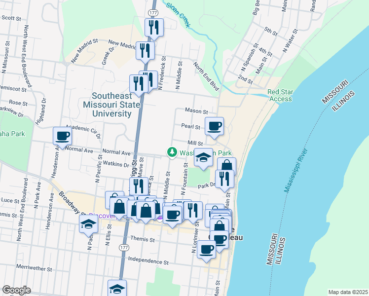 map of restaurants, bars, coffee shops, grocery stores, and more near 523 North Fountain Street in Cape Girardeau