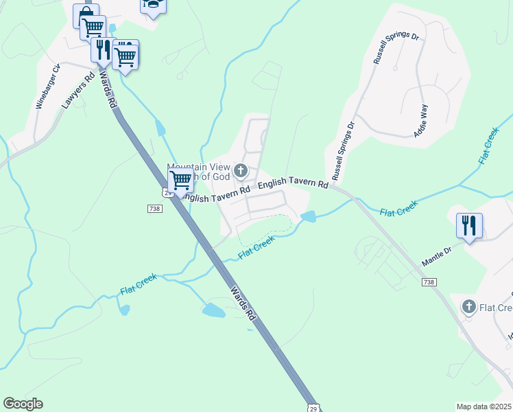 map of restaurants, bars, coffee shops, grocery stores, and more near 29 Shoreline Drive in Lynchburg