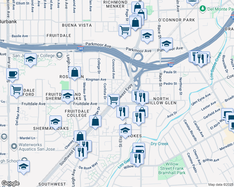 map of restaurants, bars, coffee shops, grocery stores, and more near 807 Deland Avenue in San Jose
