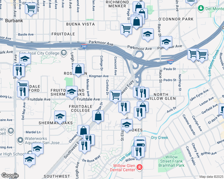map of restaurants, bars, coffee shops, grocery stores, and more near 804 Corlista Drive in San Jose