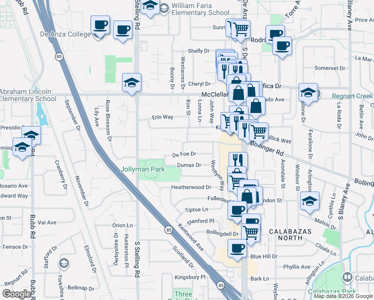 map of restaurants, bars, coffee shops, grocery stores, and more near 7543 Bollinger Road in Cupertino