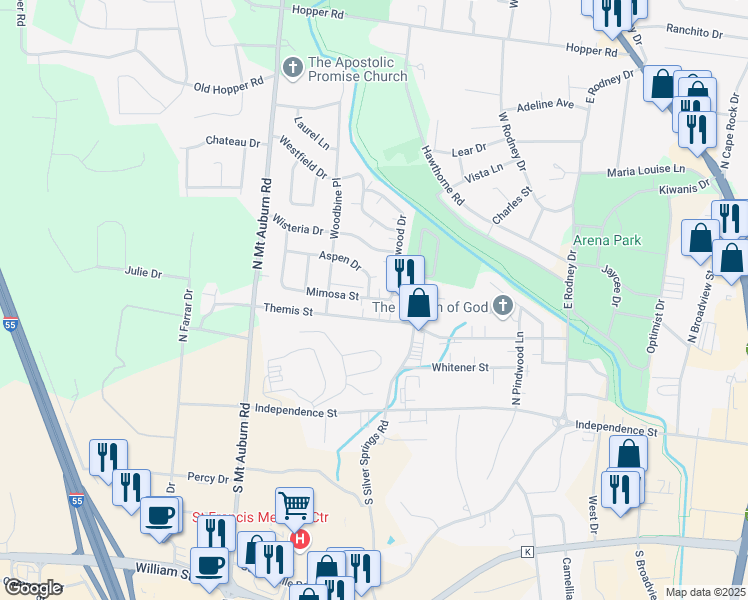 map of restaurants, bars, coffee shops, grocery stores, and more near 3002 Aspen Drive in Cape Girardeau