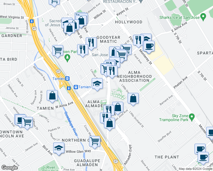 map of restaurants, bars, coffee shops, grocery stores, and more near 212 Stonegate Circle in San Jose