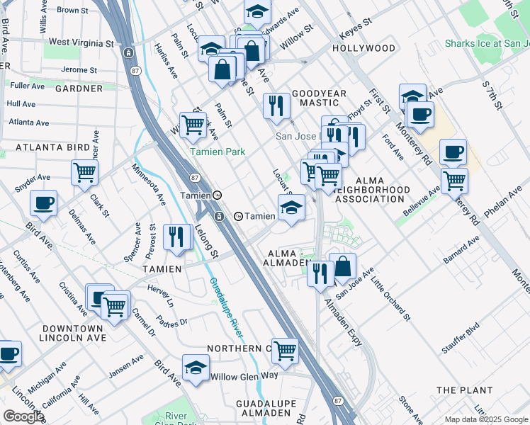 map of restaurants, bars, coffee shops, grocery stores, and more near 1298 Lick Avenue in San Jose