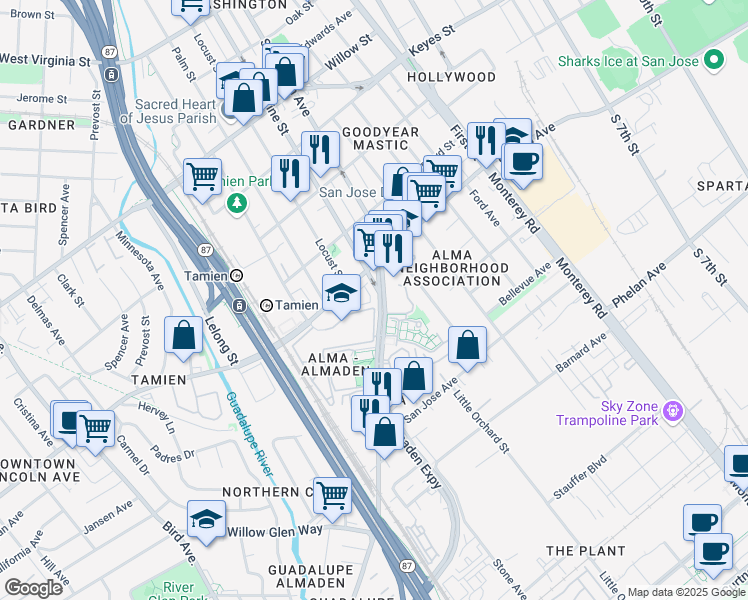 map of restaurants, bars, coffee shops, grocery stores, and more near 212 Stonegate Circle in San Jose