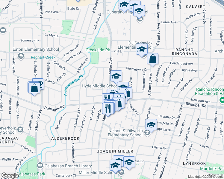 map of restaurants, bars, coffee shops, grocery stores, and more near 930 Miller Avenue in Cupertino