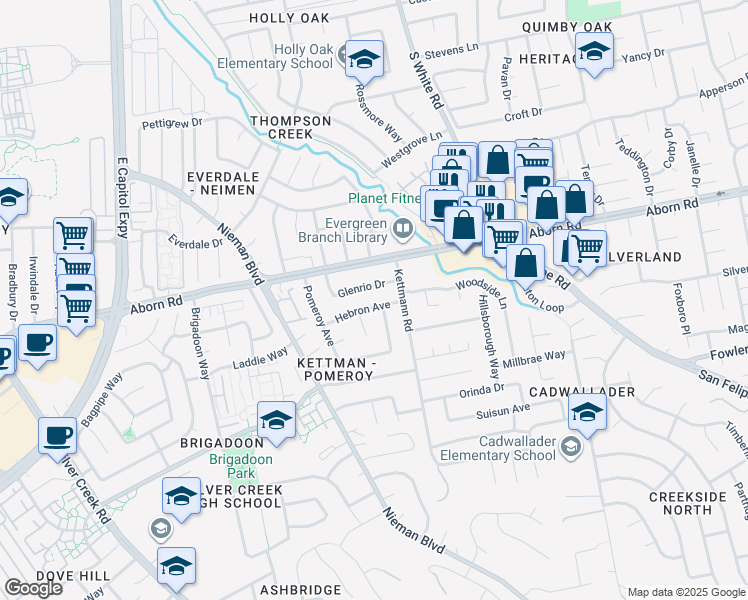 map of restaurants, bars, coffee shops, grocery stores, and more near 2535 Hebron Avenue in San Jose