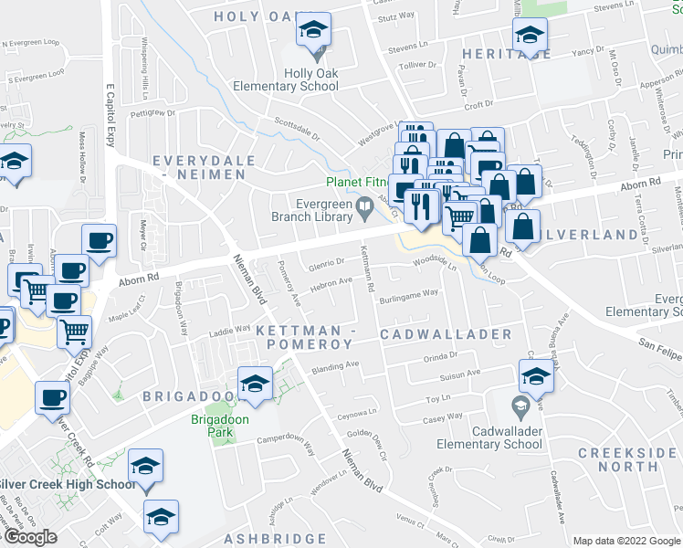 map of restaurants, bars, coffee shops, grocery stores, and more near 2535 Hebron Avenue in San Jose