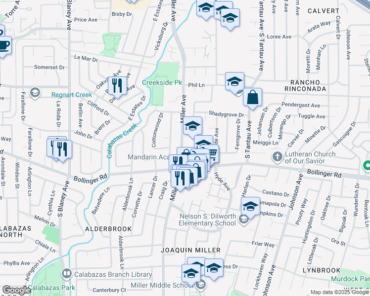 map of restaurants, bars, coffee shops, grocery stores, and more near 930 Miller Avenue in Cupertino