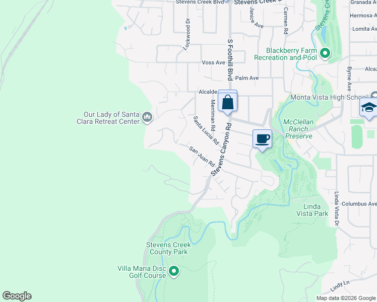 map of restaurants, bars, coffee shops, grocery stores, and more near 22670 San Juan Road in Cupertino
