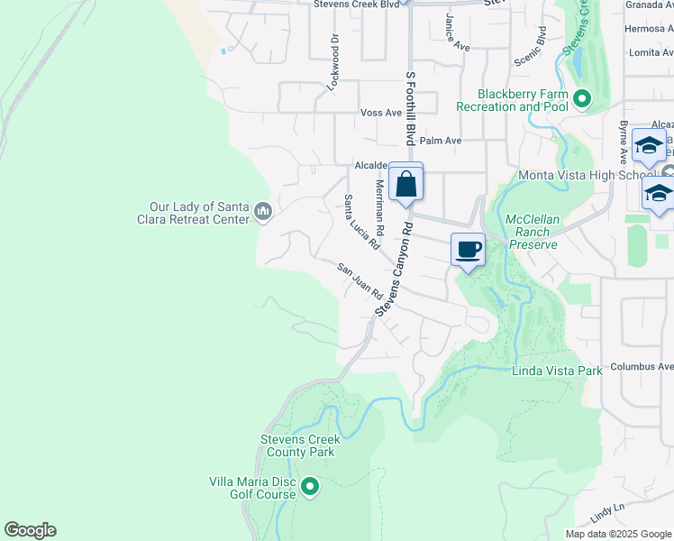 map of restaurants, bars, coffee shops, grocery stores, and more near 22670 San Juan Road in Cupertino