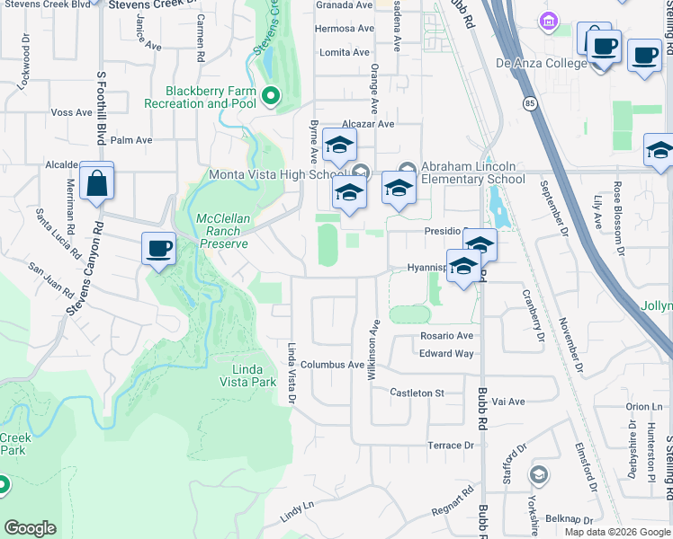map of restaurants, bars, coffee shops, grocery stores, and more near 22066 Linda Vista Place in Cupertino