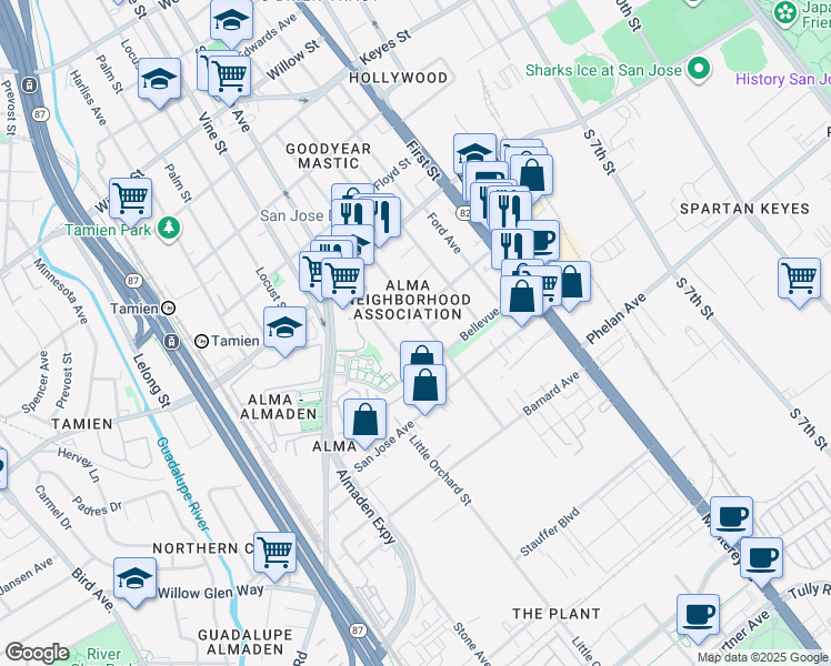 map of restaurants, bars, coffee shops, grocery stores, and more near 1533 Pomona Avenue in San Jose