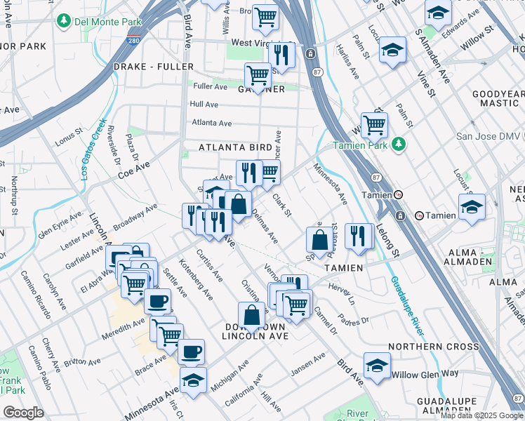 map of restaurants, bars, coffee shops, grocery stores, and more near 1124 Delmas Avenue in San Jose