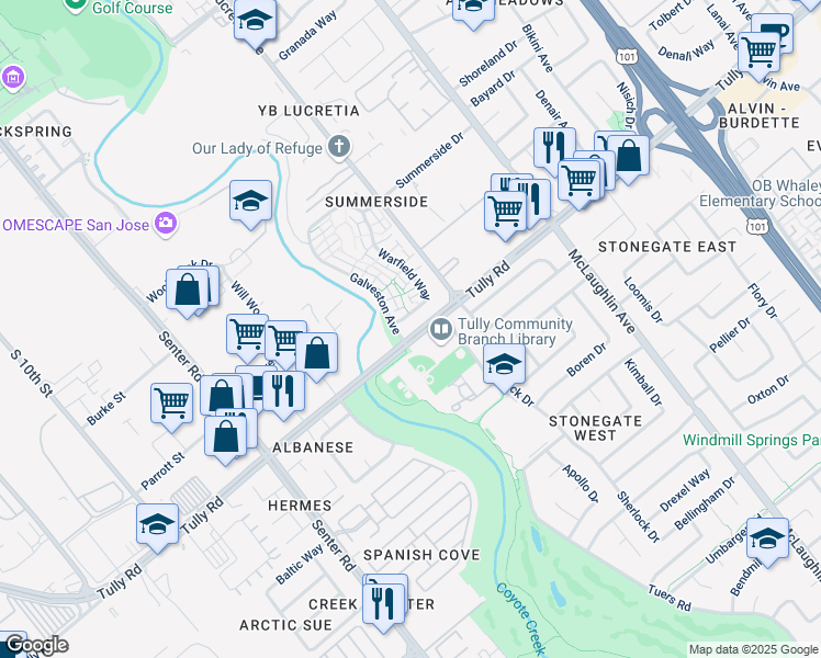 map of restaurants, bars, coffee shops, grocery stores, and more near 2358 Warfield Way in San Jose