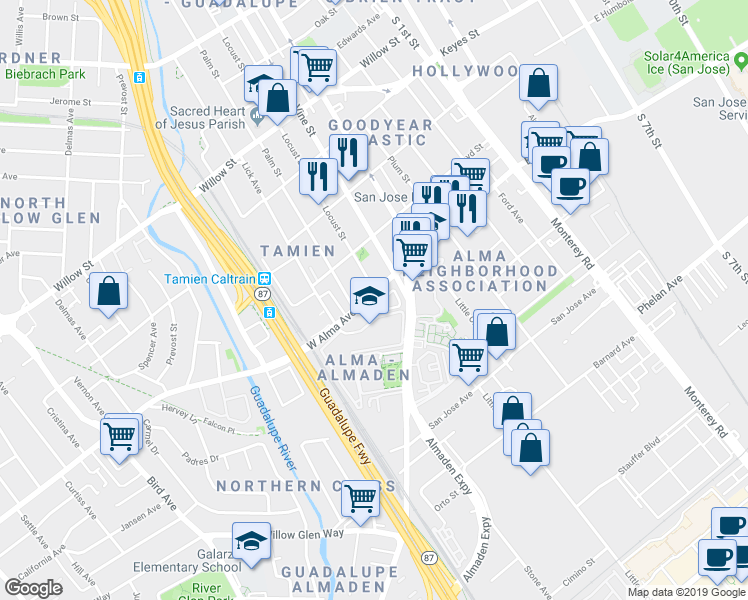 map of restaurants, bars, coffee shops, grocery stores, and more near 1399 Locust Street in San Jose