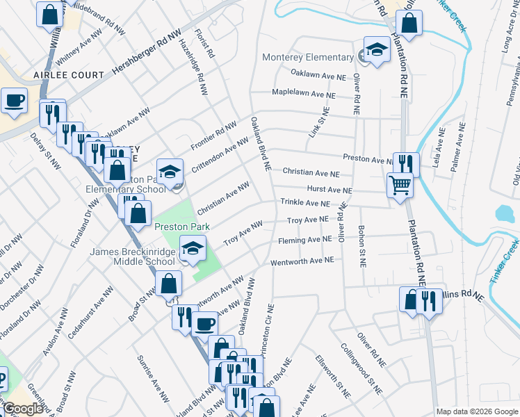 map of restaurants, bars, coffee shops, grocery stores, and more near 3342 Trinkle Avenue Northwest in Roanoke