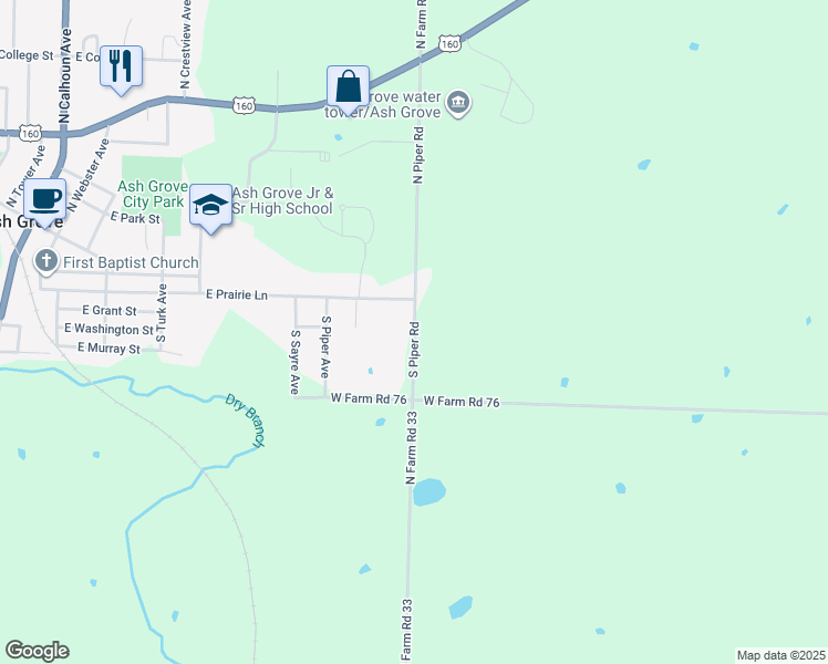 map of restaurants, bars, coffee shops, grocery stores, and more near 332 South Piper Road in Ash Grove