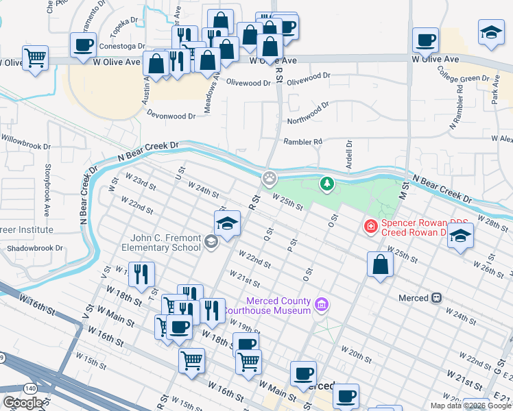 map of restaurants, bars, coffee shops, grocery stores, and more near 1050 West 25th Street in Merced
