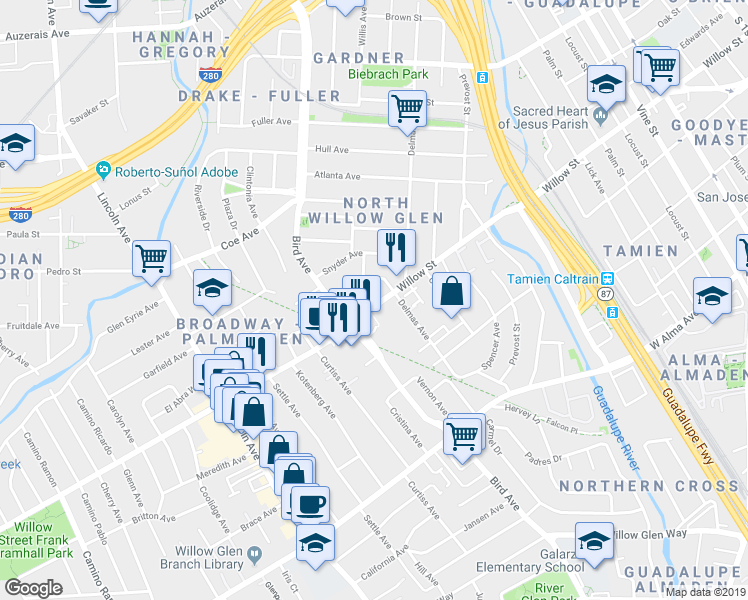 map of restaurants, bars, coffee shops, grocery stores, and more near 749 Willow Street in San Jose