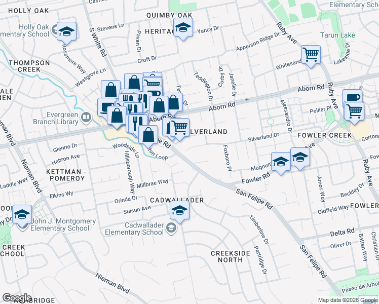 map of restaurants, bars, coffee shops, grocery stores, and more near 2930 Silverland Court in San Jose