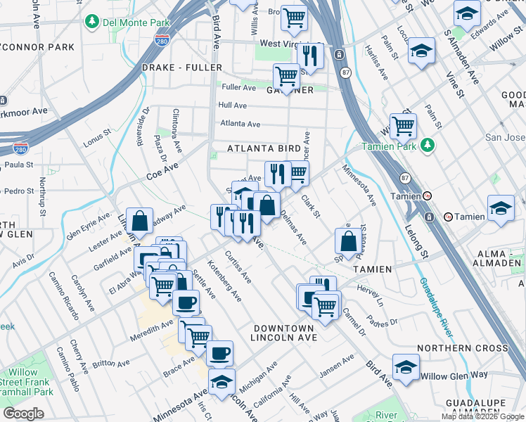 map of restaurants, bars, coffee shops, grocery stores, and more near 749 Willow Street in San Jose