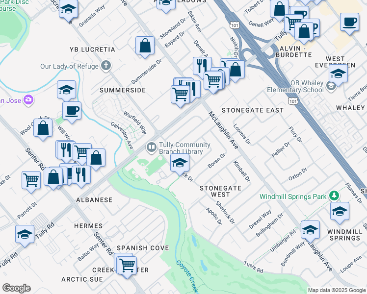 map of restaurants, bars, coffee shops, grocery stores, and more near 1051 Keldon Drive in San Jose