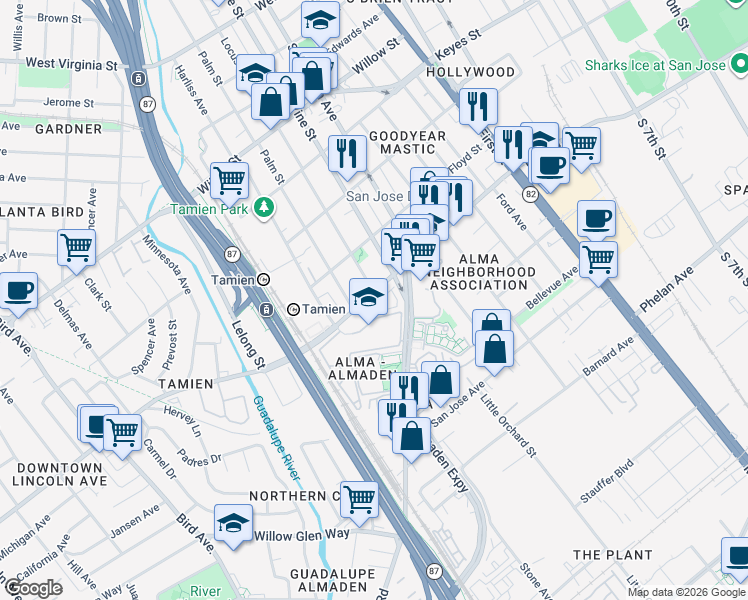 map of restaurants, bars, coffee shops, grocery stores, and more near 306 Stonegate Circle in San Jose