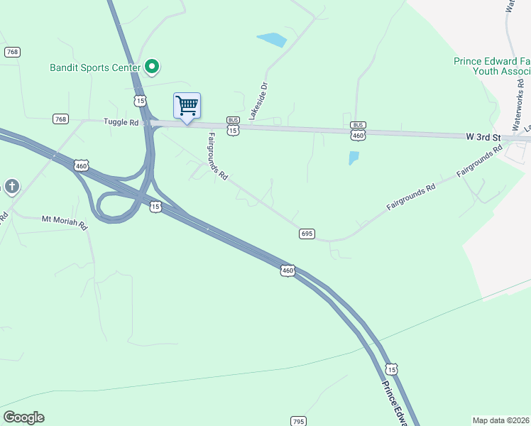 map of restaurants, bars, coffee shops, grocery stores, and more near Fairgrounds Road in Farmville