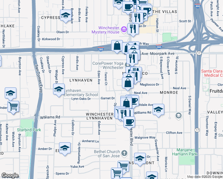 map of restaurants, bars, coffee shops, grocery stores, and more near 831 Opal Drive in San Jose