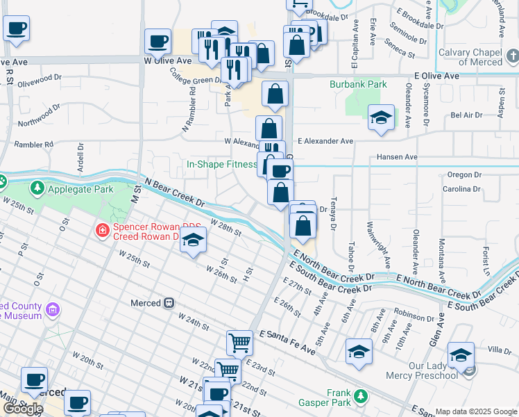 map of restaurants, bars, coffee shops, grocery stores, and more near 140 Park Avenue in Merced