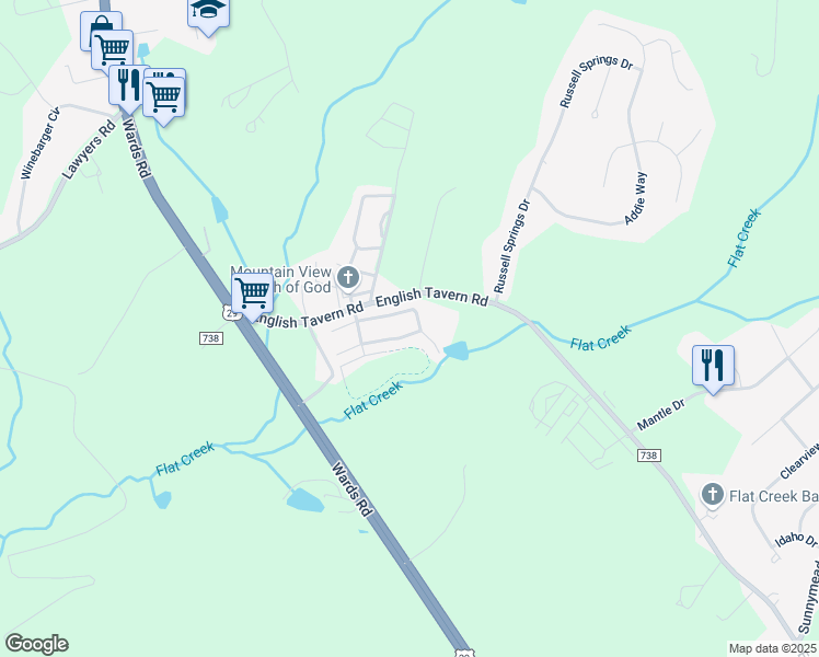 map of restaurants, bars, coffee shops, grocery stores, and more near 9 Shoreline Drive in Lynchburg