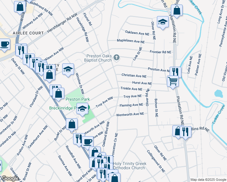 map of restaurants, bars, coffee shops, grocery stores, and more near 3342 Trinkle Avenue Northwest in Roanoke