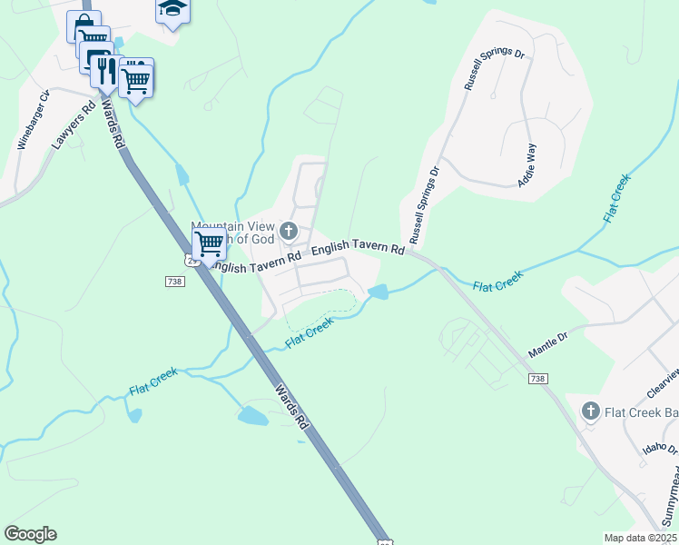 map of restaurants, bars, coffee shops, grocery stores, and more near 9 Shoreline Drive in Lynchburg