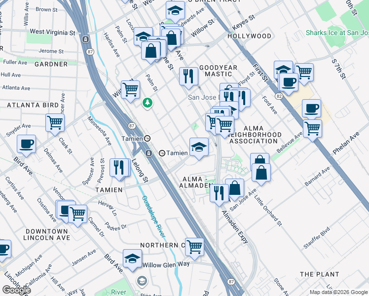 map of restaurants, bars, coffee shops, grocery stores, and more near 1339 Palm Street in San Jose