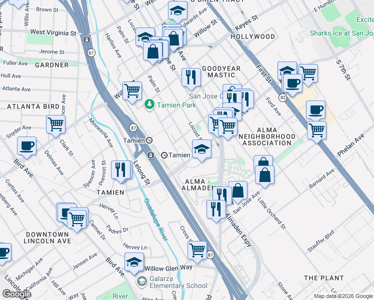 map of restaurants, bars, coffee shops, grocery stores, and more near 1346 Palm Street in San Jose