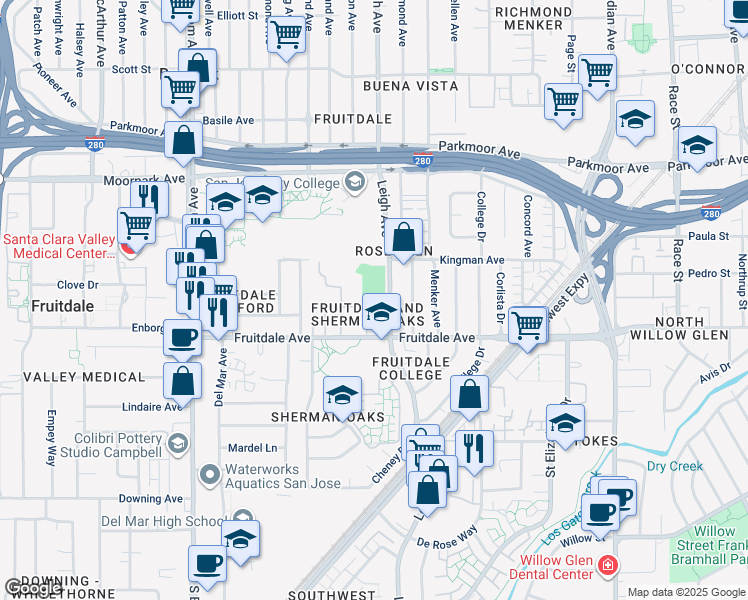 map of restaurants, bars, coffee shops, grocery stores, and more near 1919 Fruitdale Avenue in San Jose