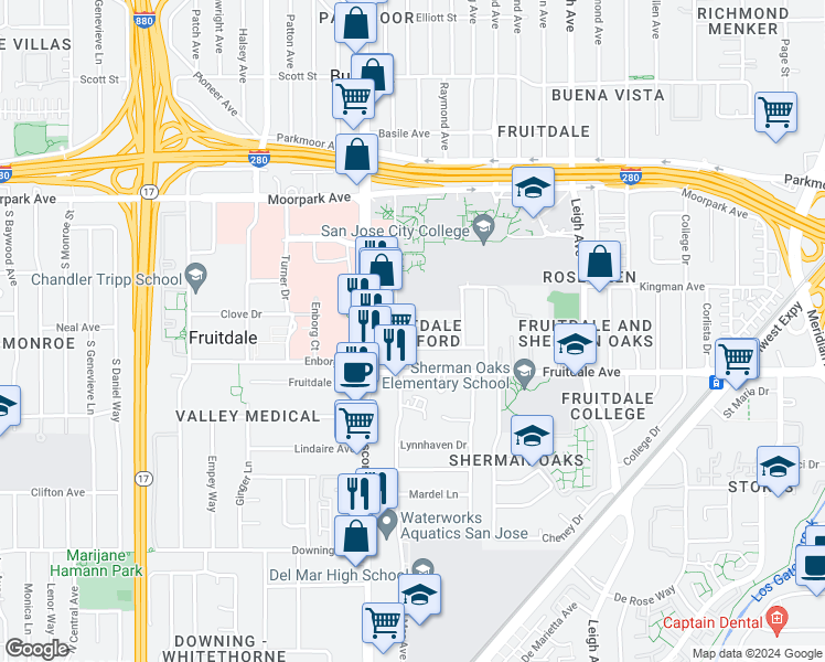 map of restaurants, bars, coffee shops, grocery stores, and more near 2125 Rexford Way in San Jose