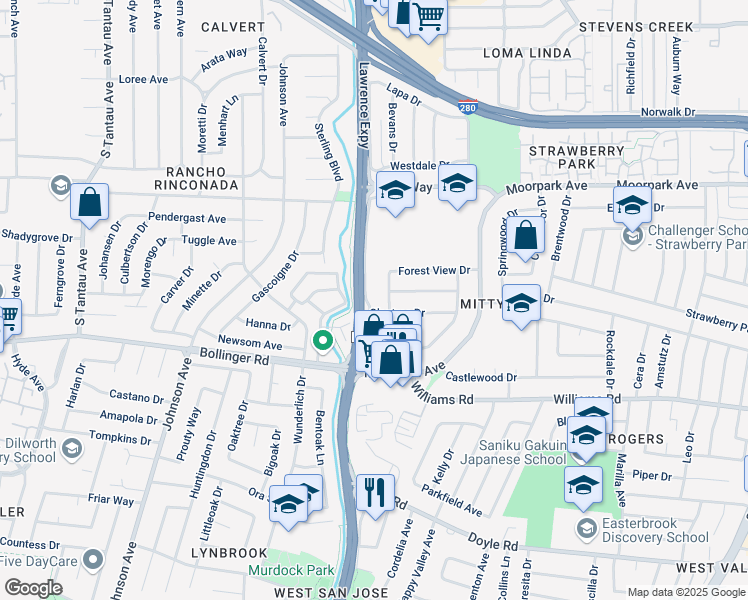 map of restaurants, bars, coffee shops, grocery stores, and more near 820 Doyle Road in San Jose