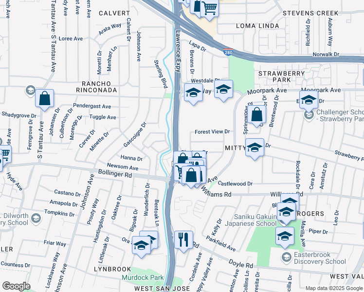 map of restaurants, bars, coffee shops, grocery stores, and more near 820 Doyle Road in San Jose