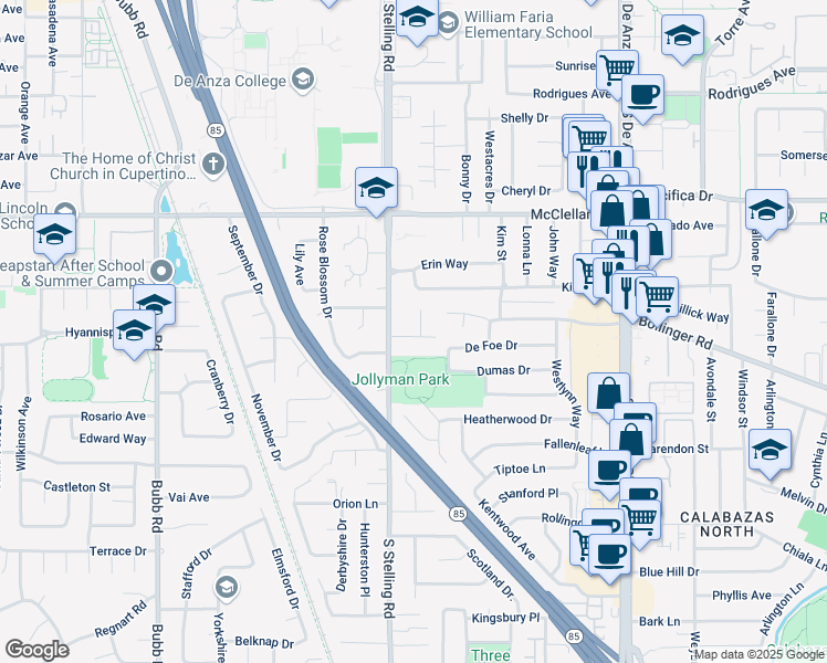 map of restaurants, bars, coffee shops, grocery stores, and more near 10730 Orline Court in Cupertino