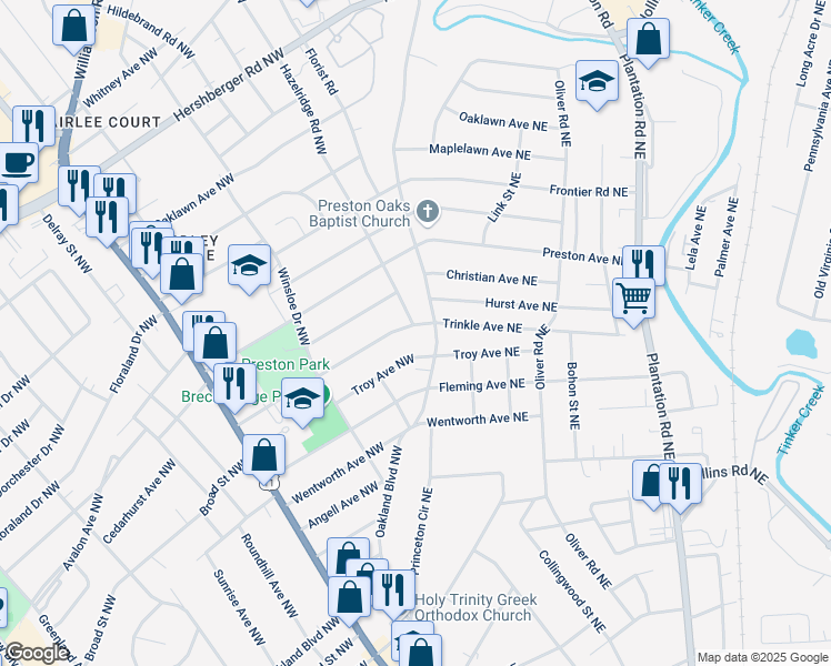 map of restaurants, bars, coffee shops, grocery stores, and more near 3342 Trinkle Avenue Northwest in Roanoke