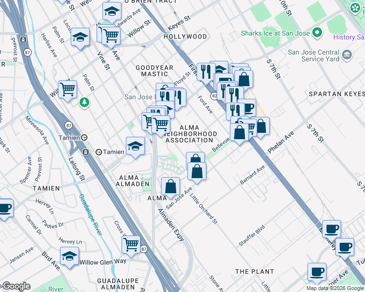 map of restaurants, bars, coffee shops, grocery stores, and more near 1478 Little Orchard Street in San Jose