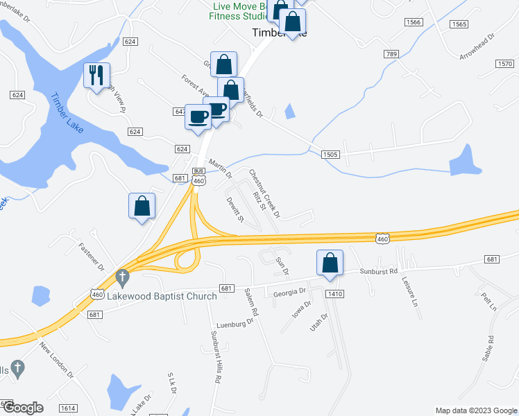 map of restaurants, bars, coffee shops, grocery stores, and more near 177 Ritz Street in Lynchburg