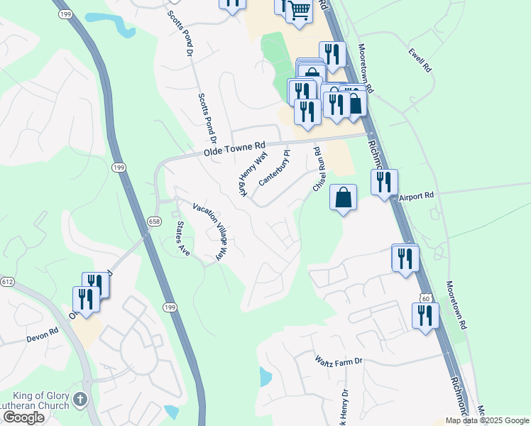 map of restaurants, bars, coffee shops, grocery stores, and more near 131 King Henry Way in Williamsburg