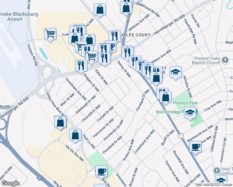 map of restaurants, bars, coffee shops, grocery stores, and more near 4621 Eden Drive Northwest in Roanoke
