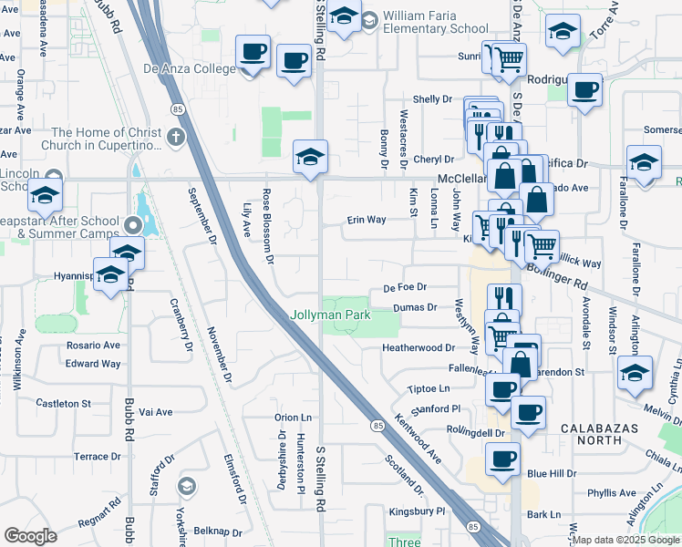map of restaurants, bars, coffee shops, grocery stores, and more near 10730 Orline Court in Cupertino