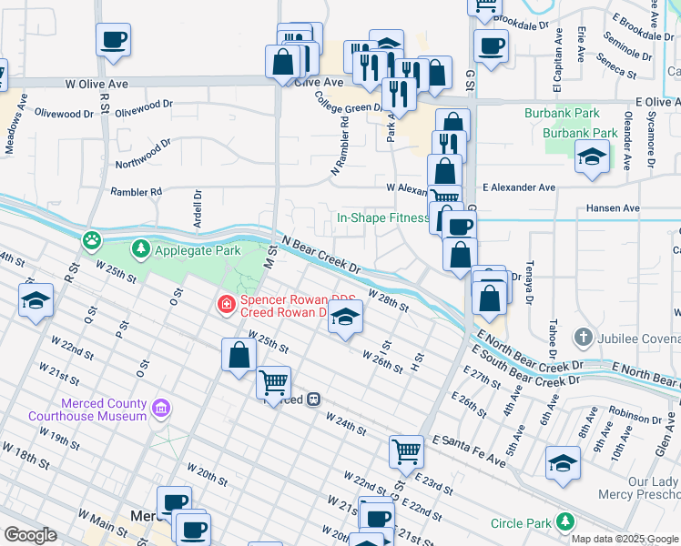 map of restaurants, bars, coffee shops, grocery stores, and more near Michael O Sullivan Bike Path in Merced