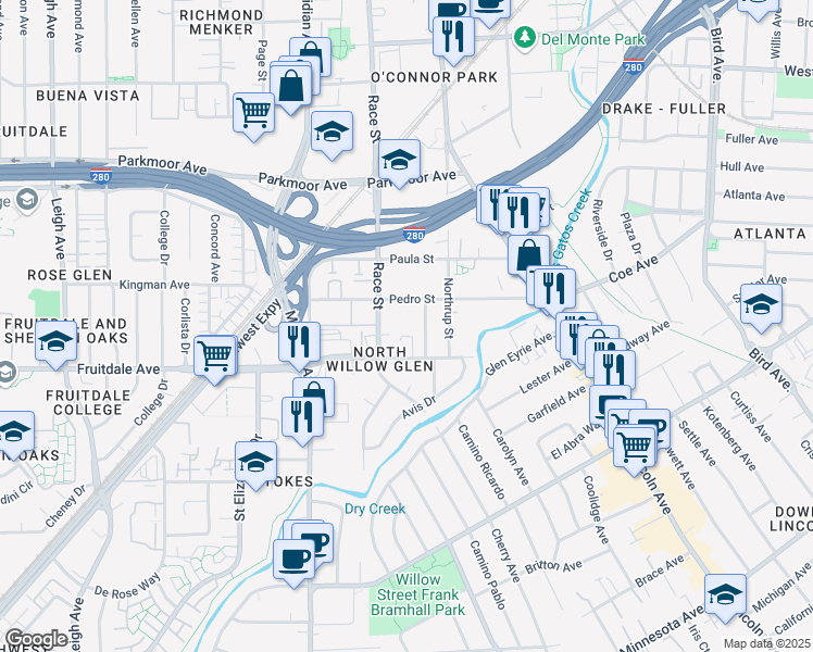 map of restaurants, bars, coffee shops, grocery stores, and more near 1230 Pedro Street in San Jose