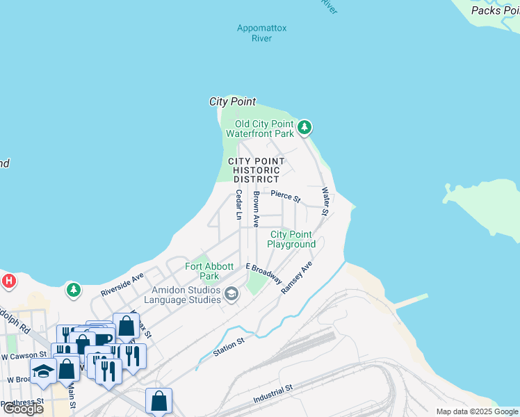 map of restaurants, bars, coffee shops, grocery stores, and more near 409 Brown Avenue in Hopewell